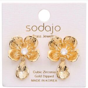 Sodajo Gold Flower Dangle CZ Center Stone Gold Dipped Earring